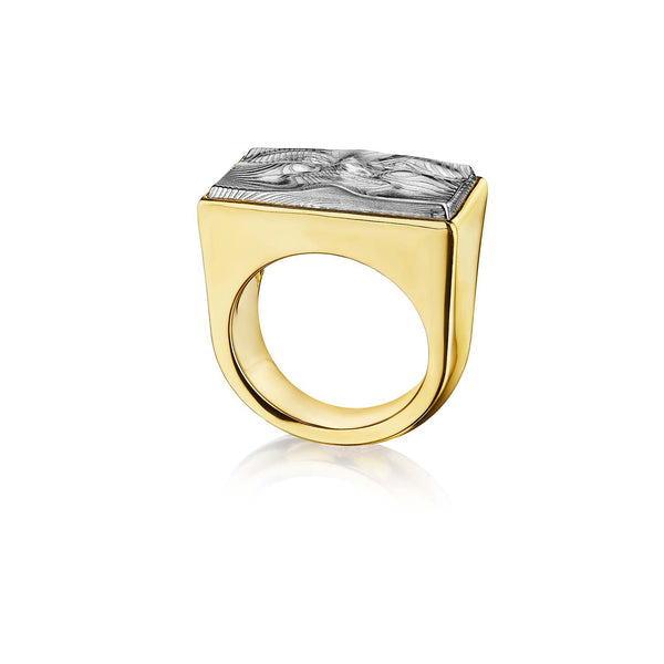 Anthony Lent Damascus steel brickface ring with yellow gold