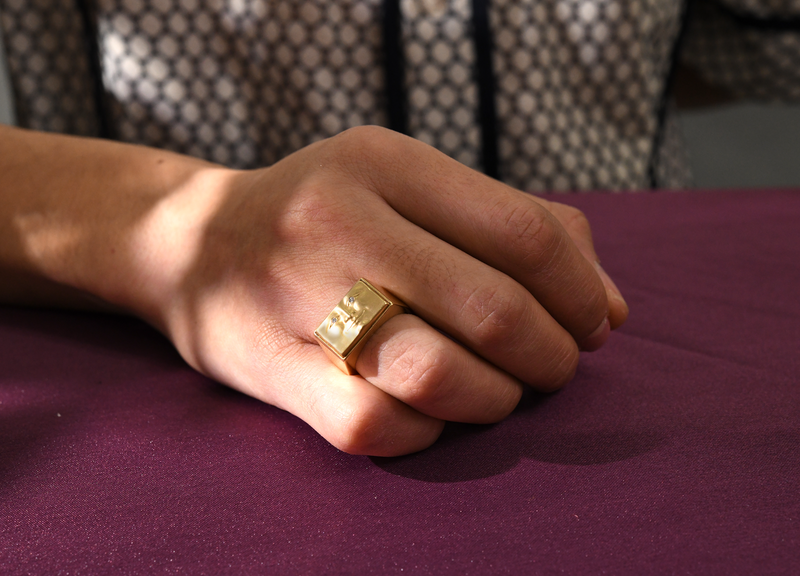 Anthony Lent Solid Gold Brickface Signet Ring on model