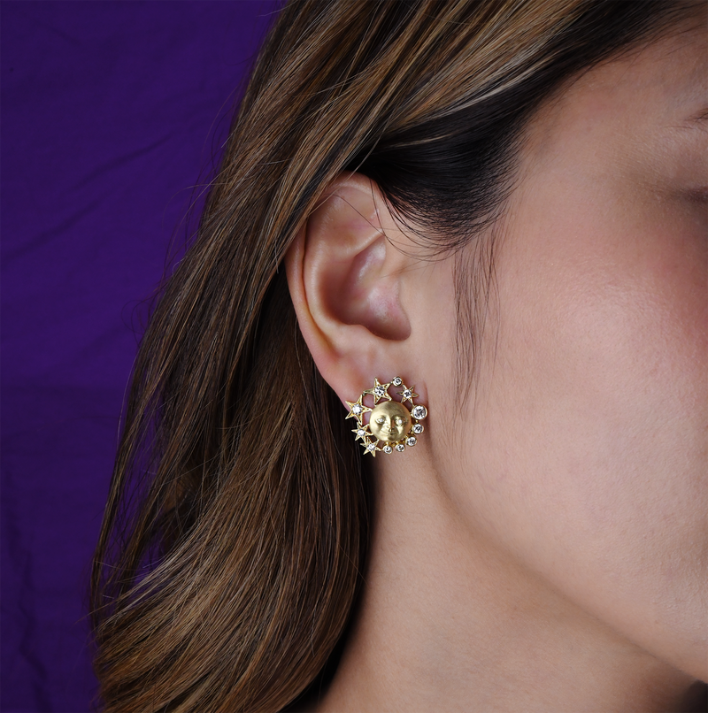 Anthony Lent Moonface Constellation Button Earring on body