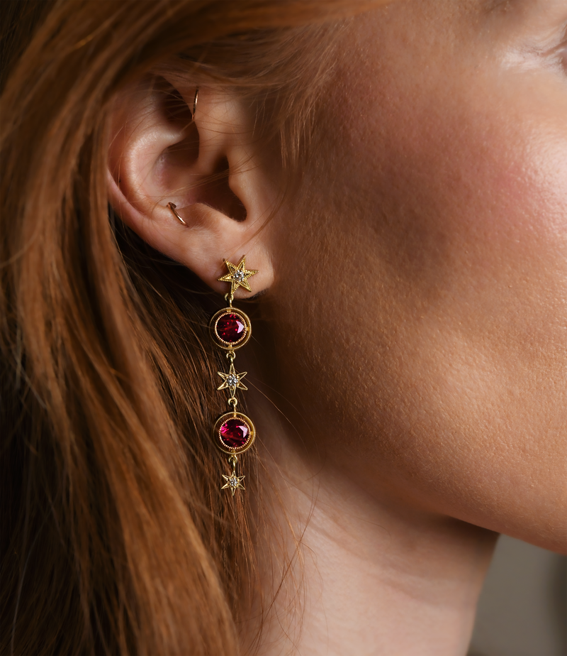 Anthony Lent Rhodolite Airline Earrings on model