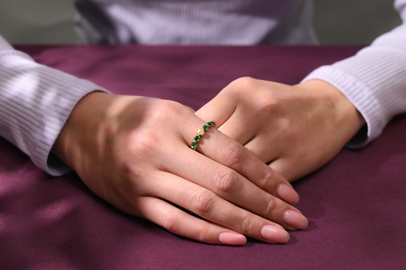 Celestial Bead ring in Emerald variant on model