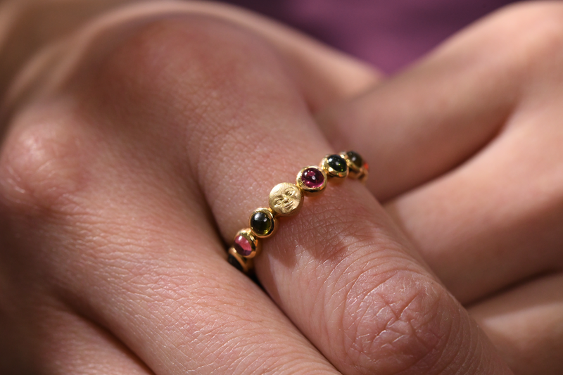 Celestial Bead ring in Tourmaline multicolor variant on model