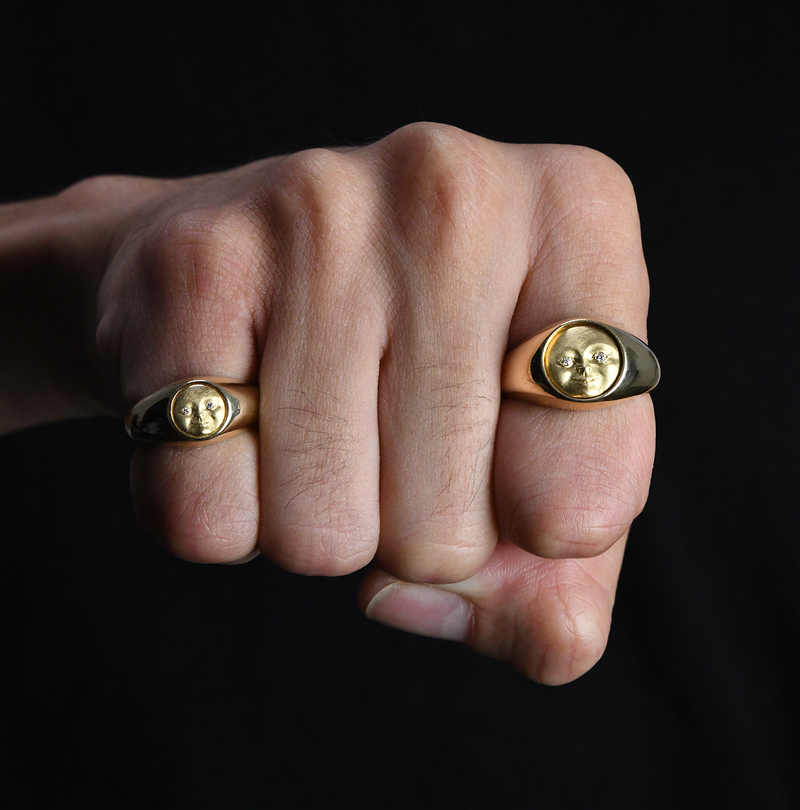 Anthony Lent Small Moonface Signet Ring on fist