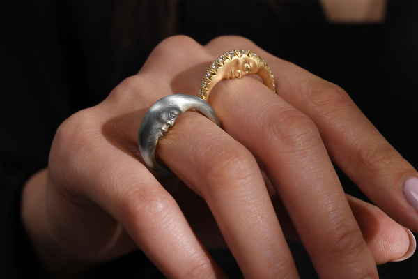 Anthony Lent Sterling Silver XL Crescent Moonface Ring on model.