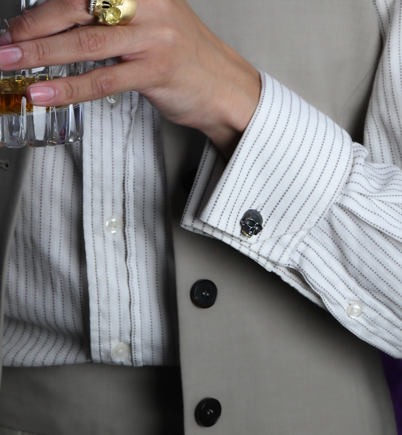 Anthony Lent Black Skull cufflinks on model