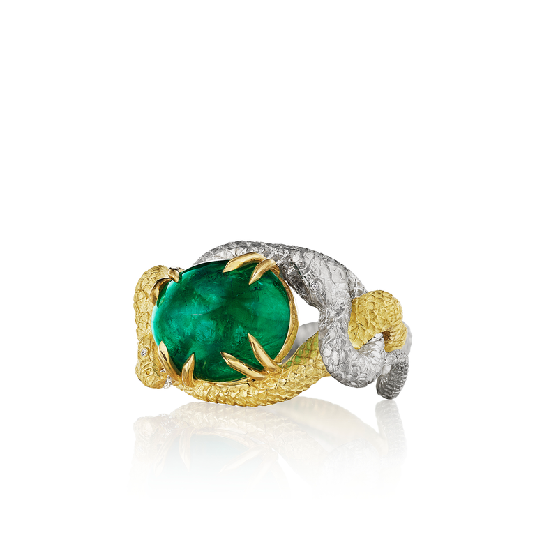 Anthony Lent Fighting Vipers Ring with Large Green Emerald
