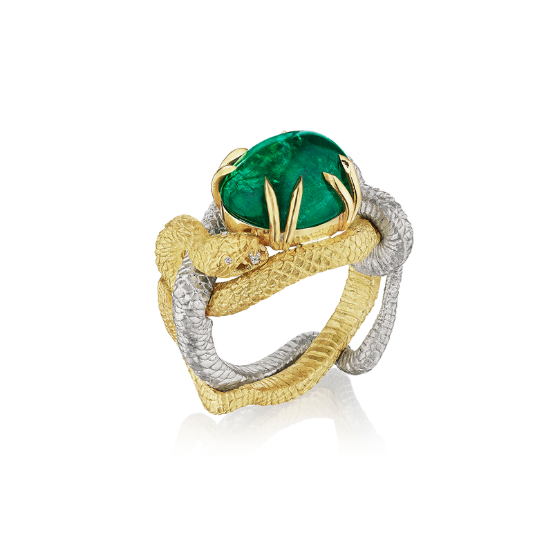 Anthony Lent Fighting Vipers Ring with Large Green Emerald