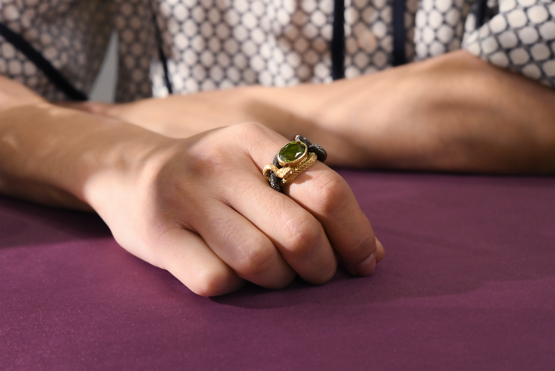Anthony Lent Fighting Vipers Green Tourmaline Ring on model