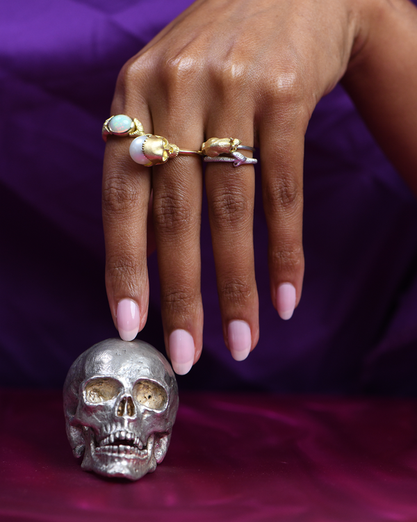 Anthony Lent Open Skull Ring with prop silver skull and various Fearless rings.