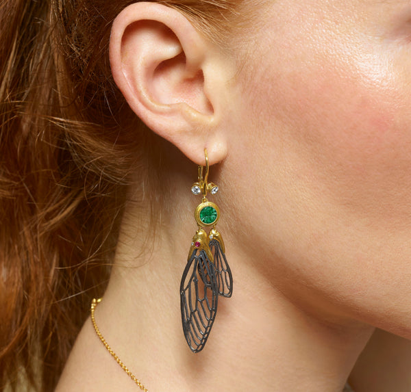 Anthony Lent Cicada Nymph Emerald Earrings