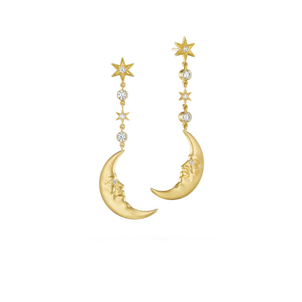Anthony Lent Hanging Crescent Moonface Earrings with Diamond Eyes