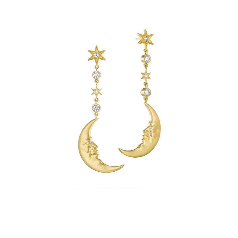 Hanging Crescent Moonface Earrings with Diamond Eyes