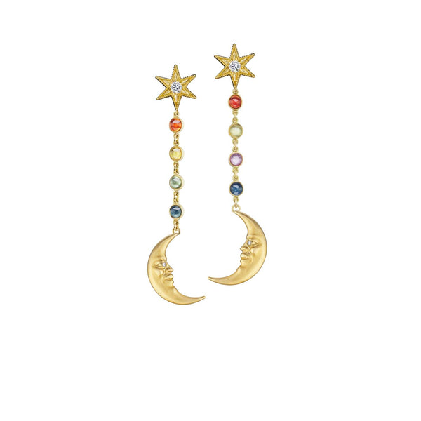 Anthony Lent Rainbow Sapphire Crescent Moonface Earrings