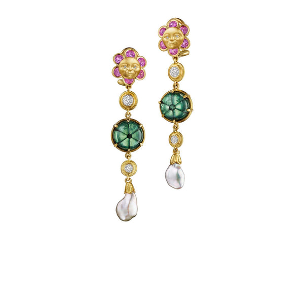 Anthony Lent Trapice Emerald Moonface Flower Earrings