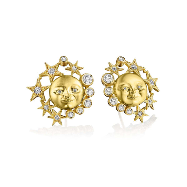 Anthony Lent Diamond Moonface Constellation Button Earrings