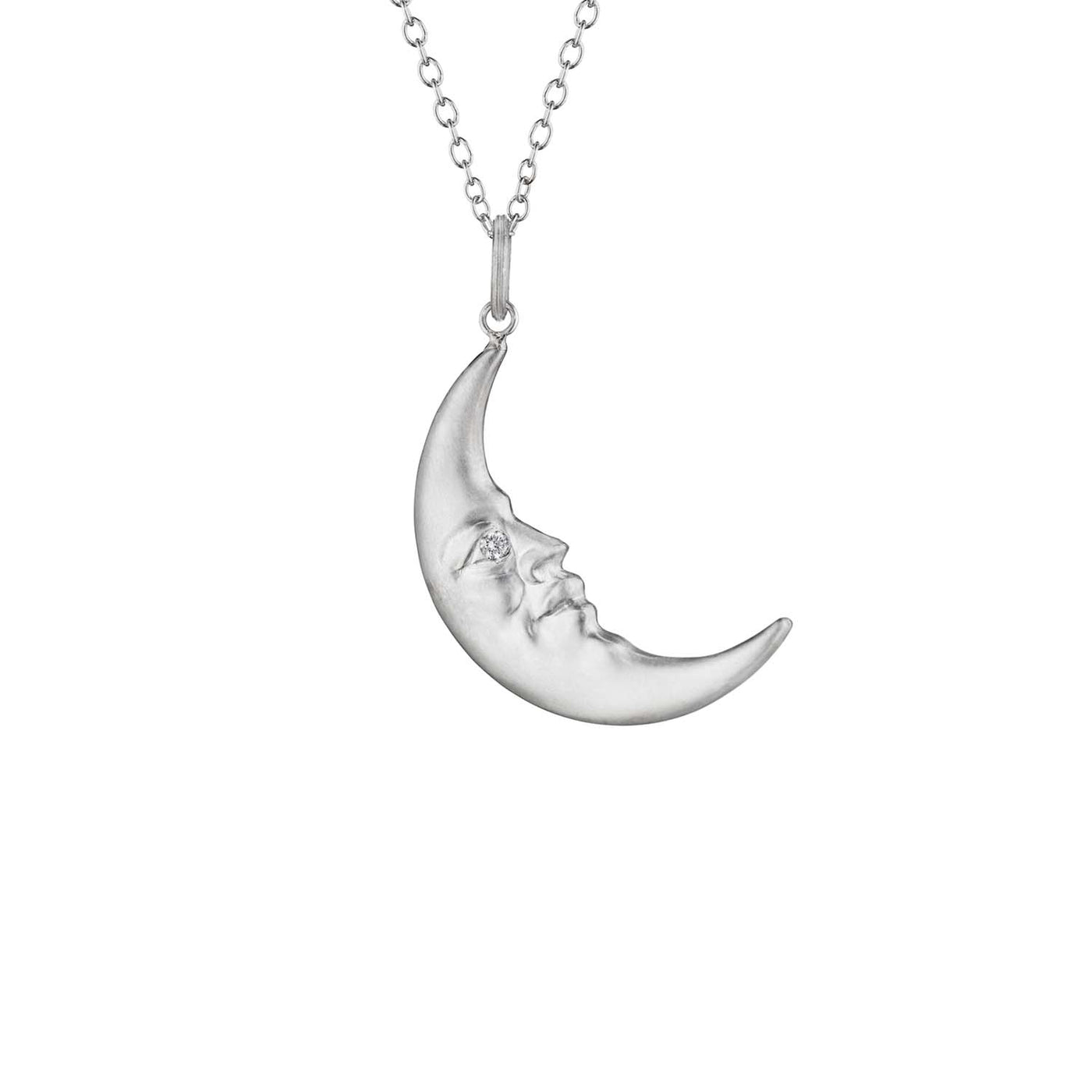 Sterling Silver Crescent Moonface Pendant with Diamond Eyes