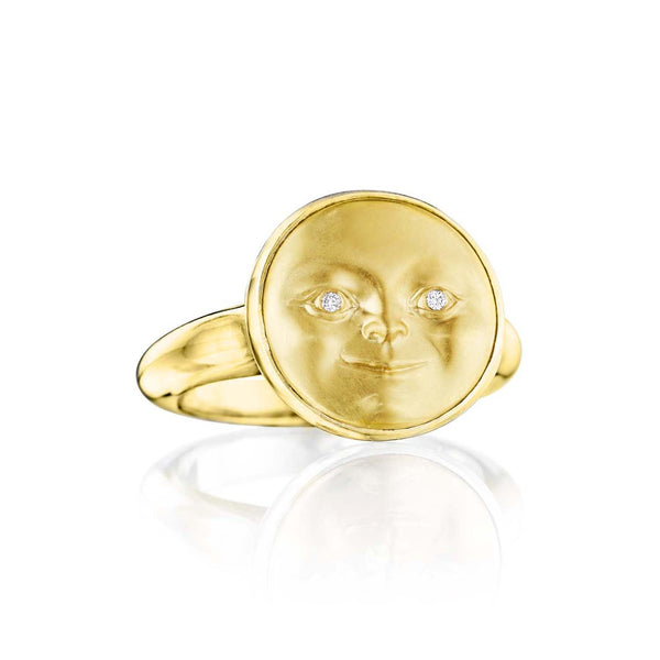 Anthony Lent Crescent Moonface with Diamond Eyes Ring in 18K Yellow Gold, Size 7.5, Valentine's Day Jewelry | Catbird