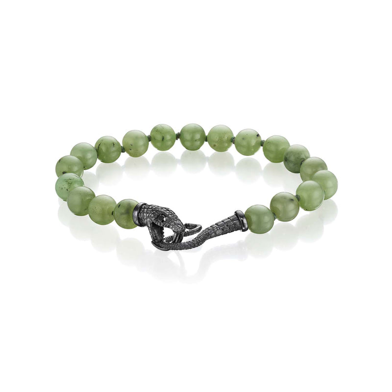 Jade Bead bracelet with oxidized silver snake head and tail closure.