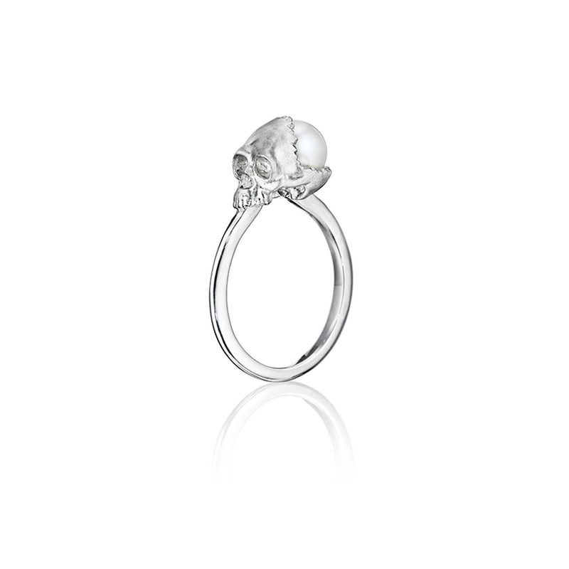 Sterling Silver Petite Open Skull Ring with White Pearl