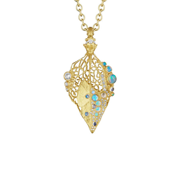 Yellow gold Dream Dew Pendant with 8 opals, 6 moonstones and many diamonds all of various sizes on a gold sculpted leaf.
