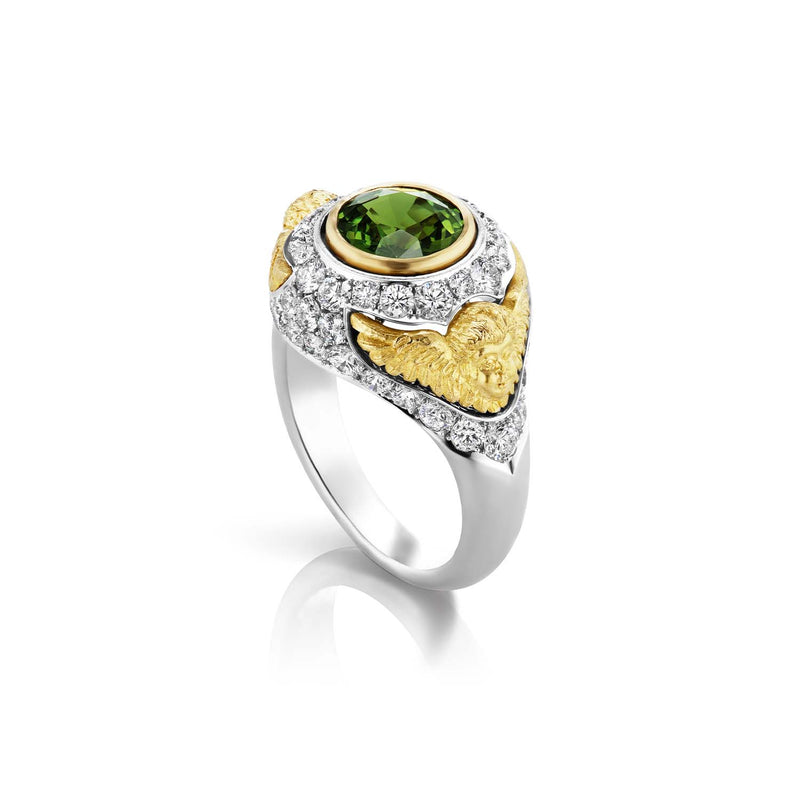 Anthony Lent Green Sapphire Pave Putti Ring